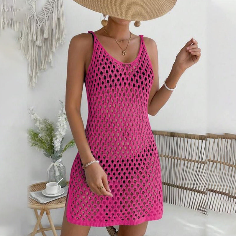 Solid Color Knitted Hollow Beach Blouse