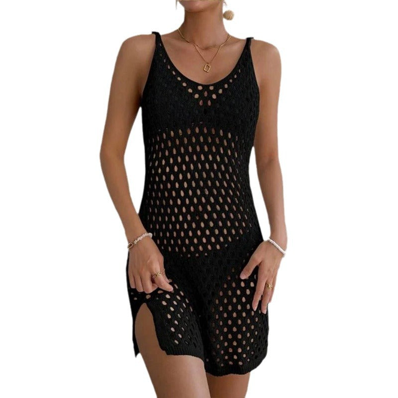 Solid Color Knitted Hollow Beach Blouse