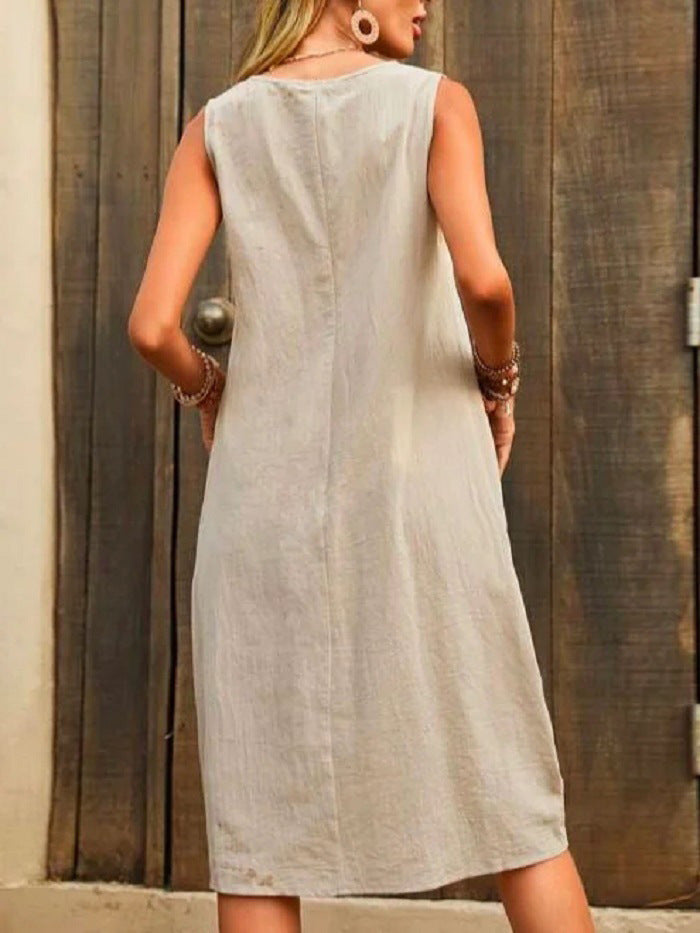 Sleeveless U-neck Dress With Pockets Design Casual Solid Color Loose Dresses