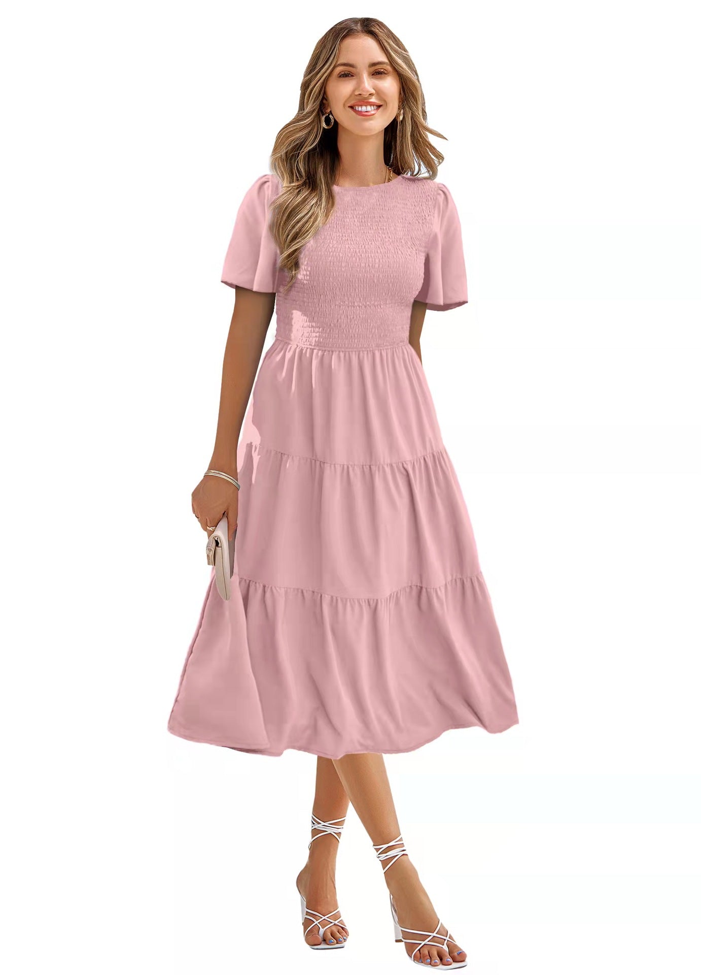 Round Neck Smocked Short Sleeve Casual Dress Swing Flowy Ruffle Hem Mini Beach Summer Dresses