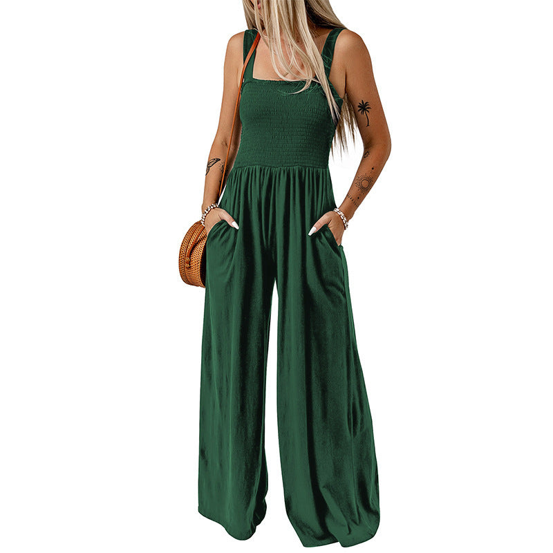 Summer Square Neck High Waist Jumpsuit  Backless Pleated Design Wide Leg Trousers