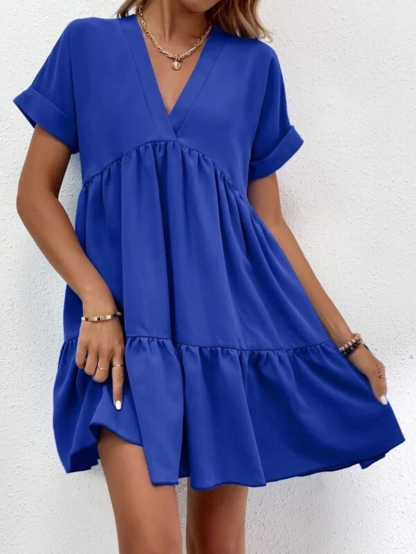 Short-sleeved V-neck Dress Casual Ruffled Dresses Solid Color