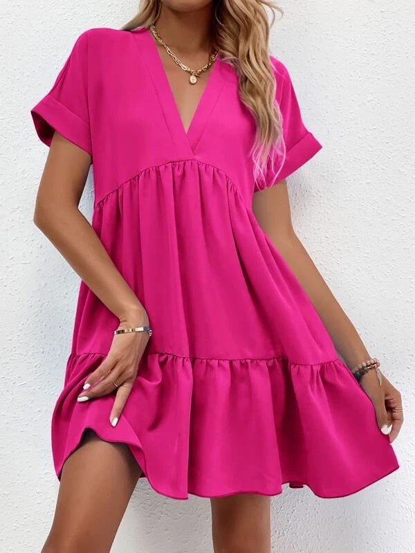 Short-sleeved V-neck Dress Casual Ruffled Dresses Solid Color