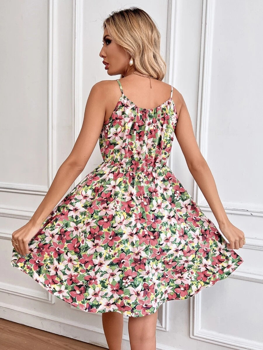 Floral Print Suspender Dress With Elastic Waist Summer Short Dre