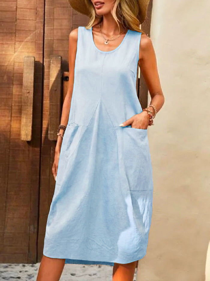 Sleeveless U-neck Dress With Pockets Design Casual Solid Color Loose Dresses