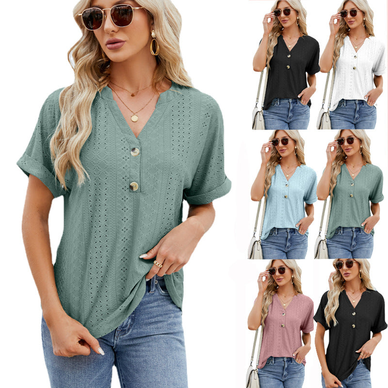 V-neck Rolled Hem Short-sleeved Top Button Loose Casual T-shirt