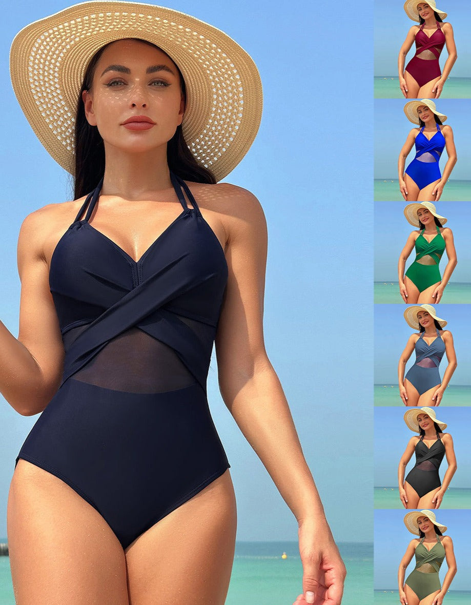 One-piece Swimsuit  Solid Color Cross-strap Design Mesh