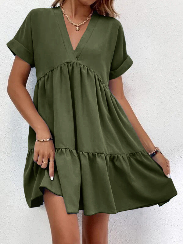 Short-sleeved V-neck Dress Casual Ruffled Dresses Solid Color