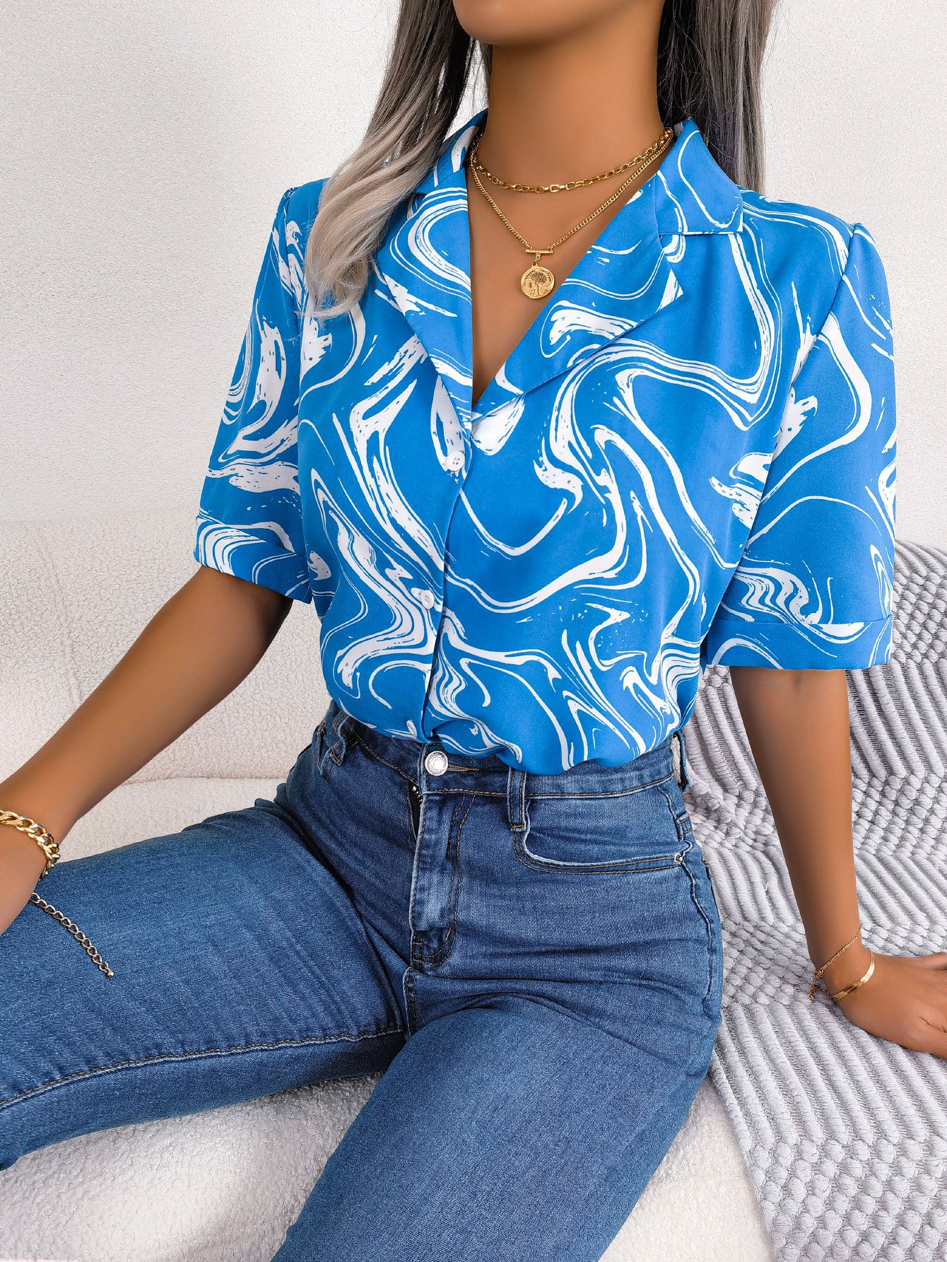 Tie Dye Printed Short Sleeve Shirt Summer Casual  Shirt Tops