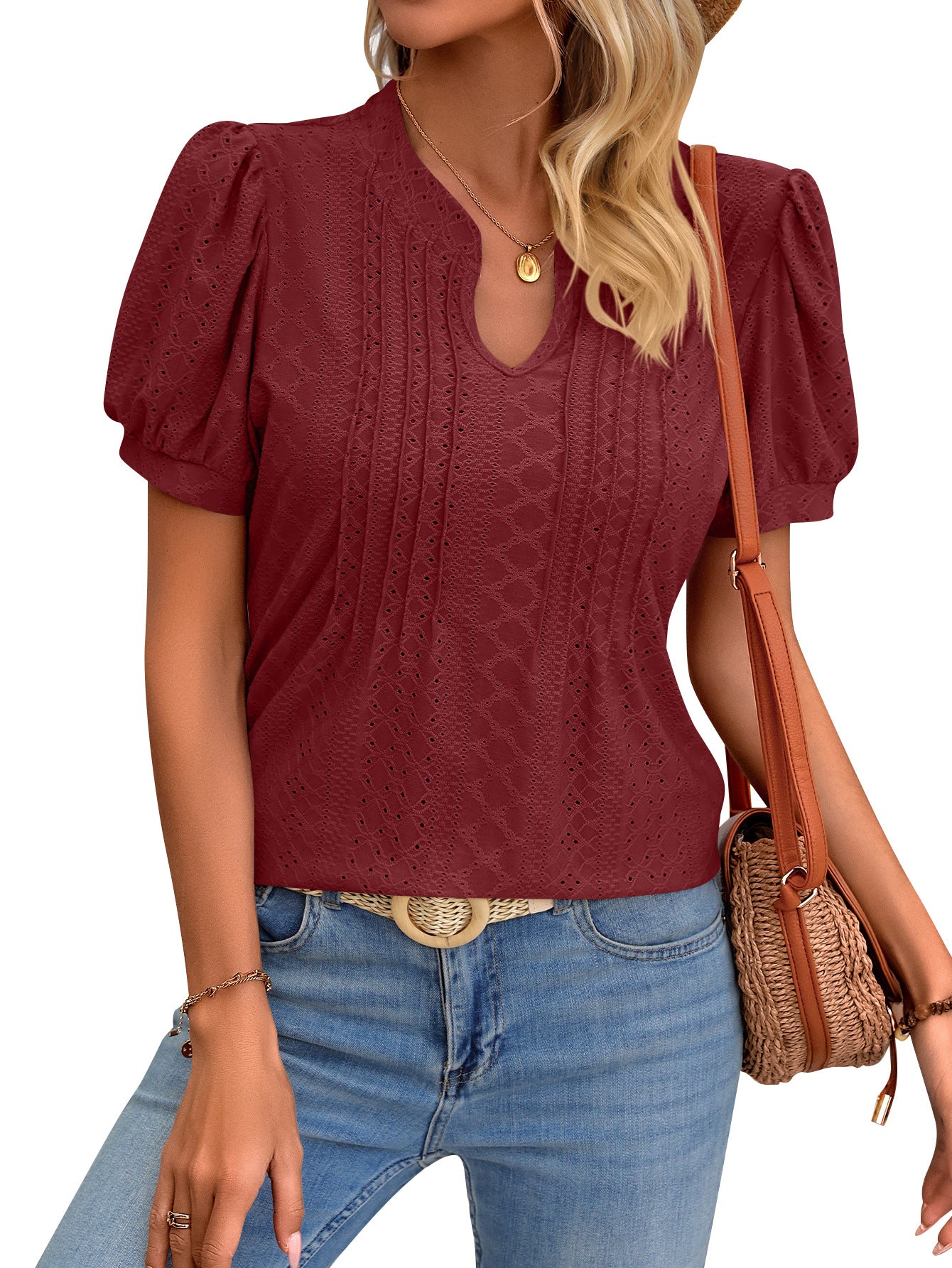 Solid Color V-neck Puff Short-sleeved T-shirt Striped  Loose T-shirt