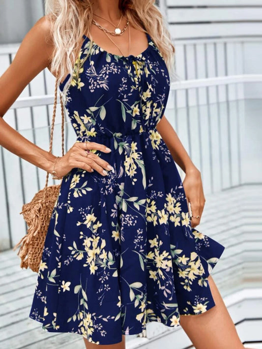 Floral Print Suspender Dress With Elastic Waist Summer Short Dre