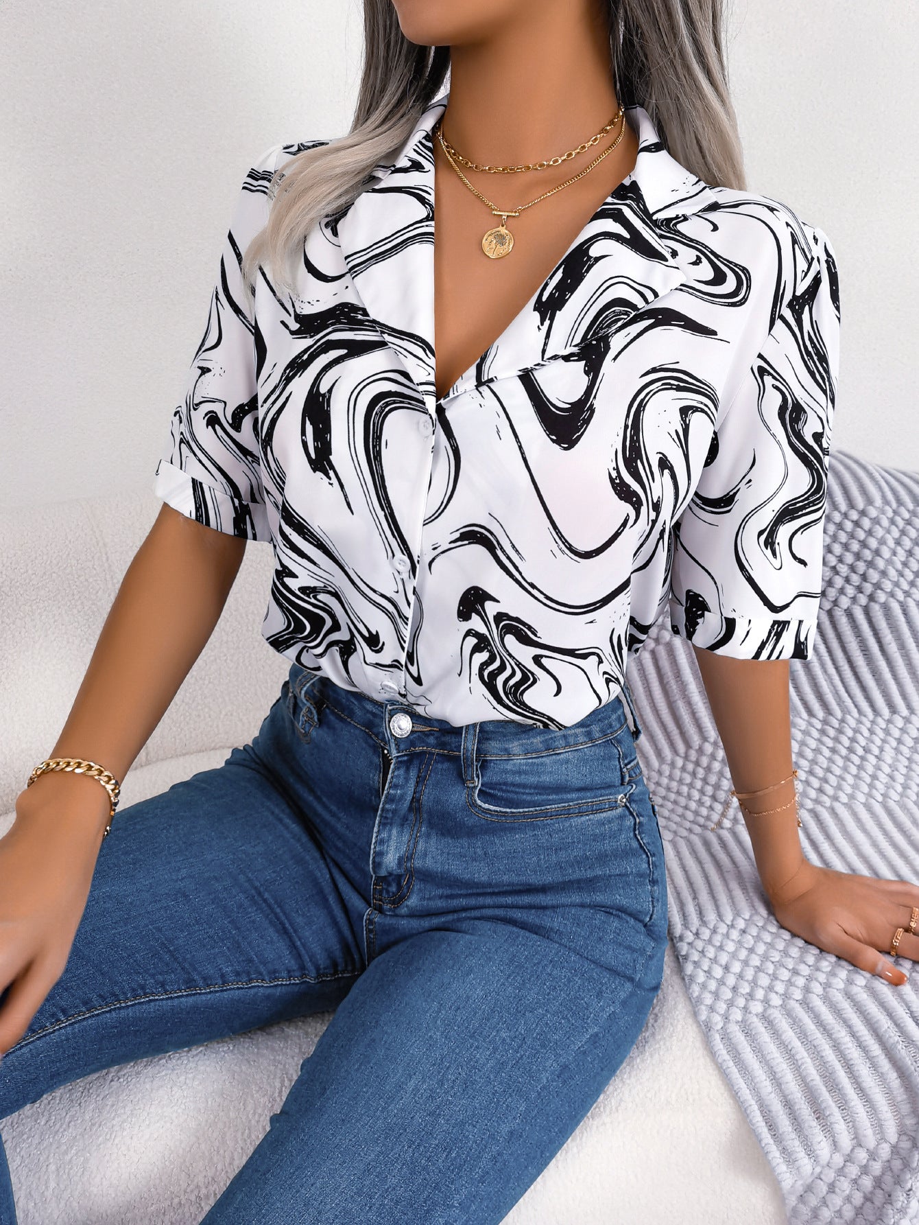 Tie Dye Printed Short Sleeve Shirt Summer Casual  Shirt Tops