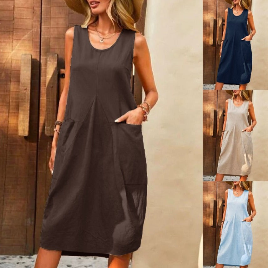 Sleeveless U-neck Dress With Pockets Design Casual Solid Color Loose Dresses