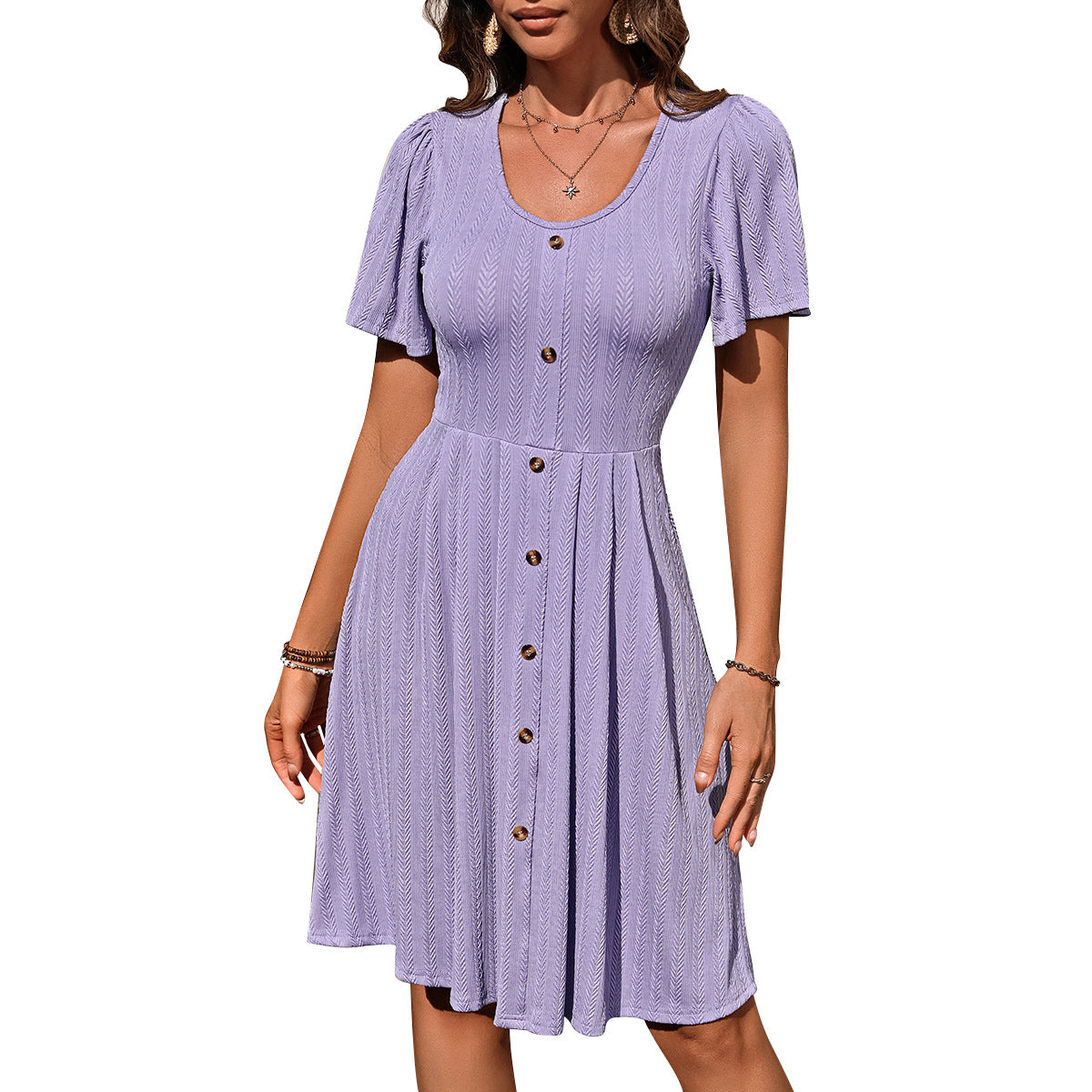 Summer U-neck Short-sleeved Dress With Button Casual Solid Col