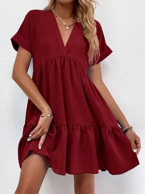 Short-sleeved V-neck Dress Casual Ruffled Dresses Solid Color