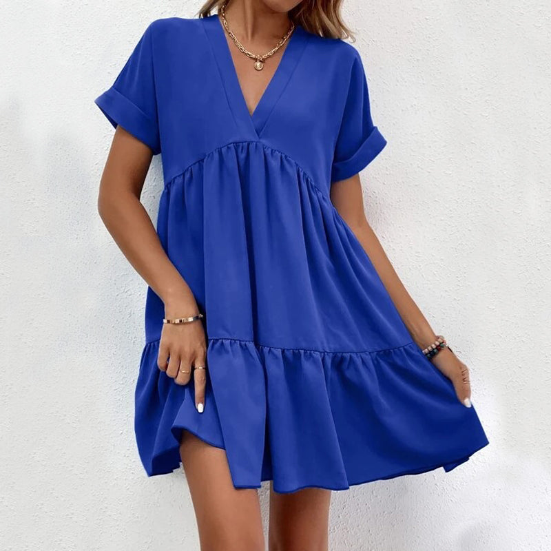 Short-sleeved V-neck Dress Casual Ruffled Dresses Solid Color