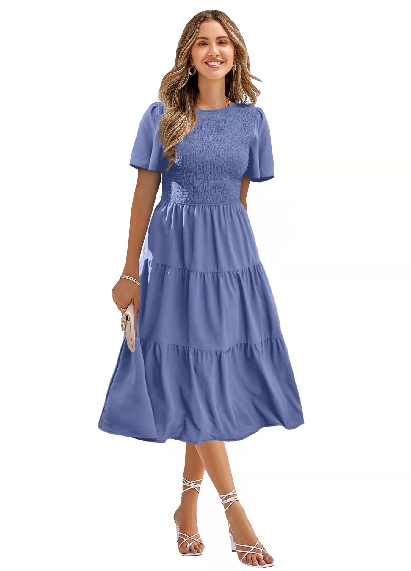Round Neck Smocked Short Sleeve Casual Dress Swing Flowy Ruffle Hem Mini Beach Summer Dresses