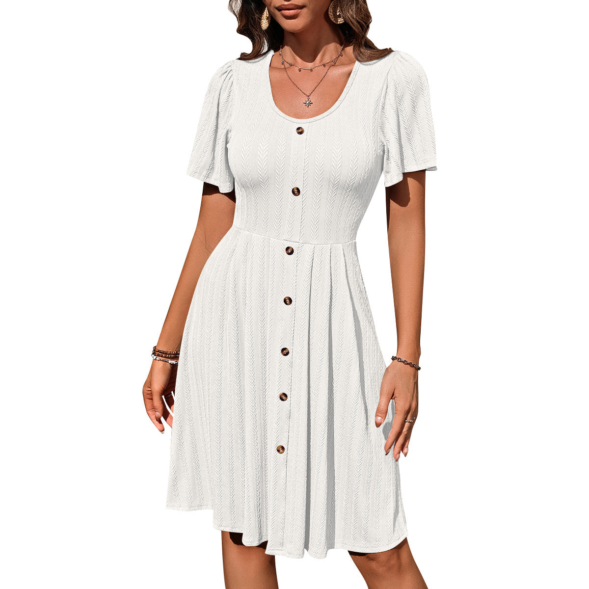 Summer U-neck Short-sleeved Dress With Button Casual Solid Col