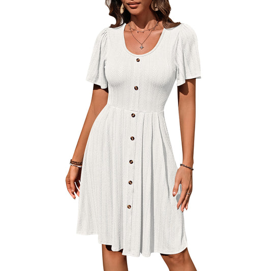 Summer U-neck Short-sleeved Dress With Button Casual Solid Col